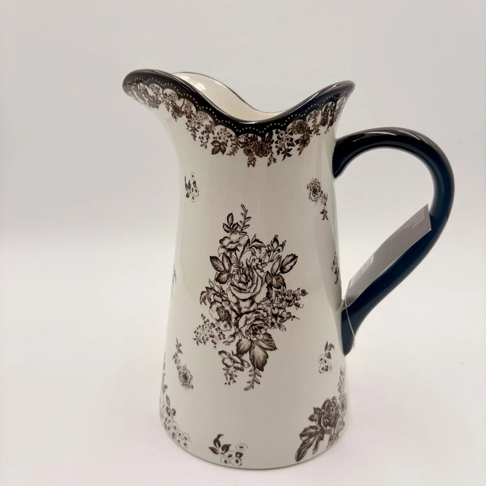 Robert Stanley Fall Classics Brown White Floral Toile Ceramic Pitcher Scalloped